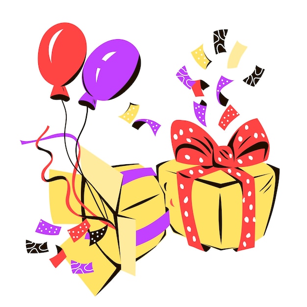 Cajas de regalo con globos sorpresa y regalo de vacaciones o vector de dibujos animados de bonificación aislado
