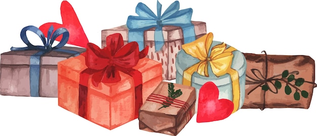 Cajas de regalo de ilustraciones de acuarela de diferentes colores sobre una composición de fondo blanco para