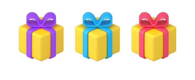 Cajas de regalo isométricas de cubos envueltos amarillos de colección decoradas con un icono de cinta de lazo multicolor d