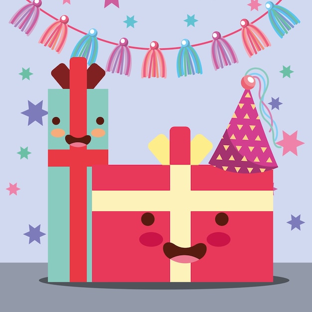 Vector cajas de regalo kawaii sombrero de dibujos animados fiesta y adorno de garland