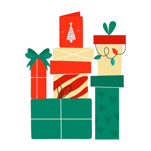 Cajas de regalo de Navidad y Año Nuevo dibujadas a mano.