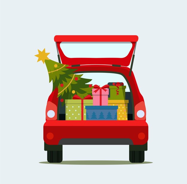 Cajas de regalo y navidad en el maletero del coche. Feliz Navidad.