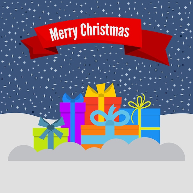 Cajas de regalo en la nieve y el cielo estelar y una cinta roja con la inscripción Feliz Navidad. Ilustración vectorial.
