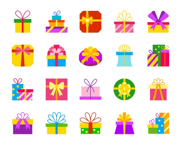 Cajas de regalo, paquete de iconos planos de paquete, para cumpleaños, navidad, diseño de vacaciones.