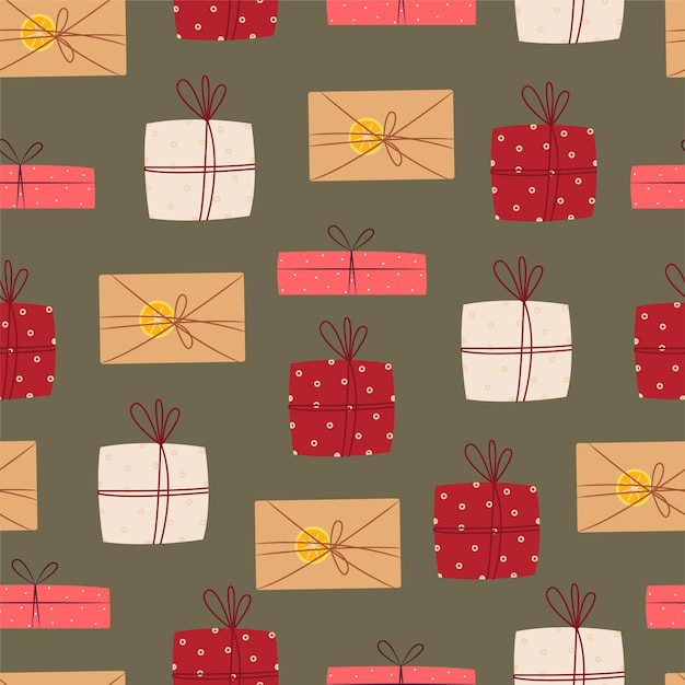 Cajas de regalo de patrones sin fisuras. Estilo de dibujos animados planos de impresión vectorial.
