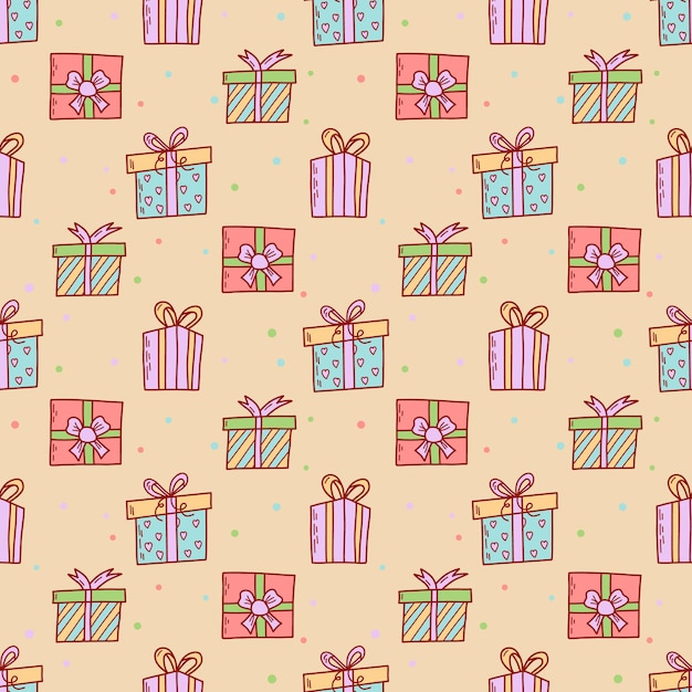 Cajas de regalo de patrones sin fisuras estilo garabato dibujado a mano Fiesta de cumpleaños presenta Ilustración de vector plano