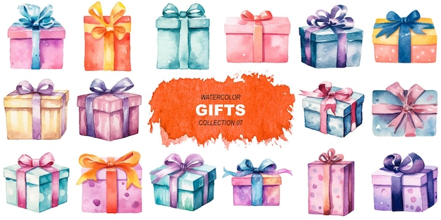 Cajas de regalo pintadas con acuarela vectorial con elementos de diseño dibujados a mano aislados sobre un fondo blanco