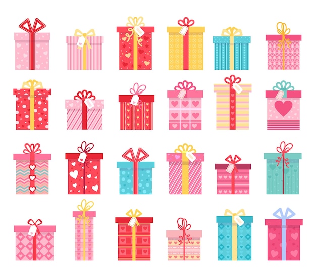 Cajas de regalo planas rosas para el día de San Valentín y regalos de boda. Caja de regalo de amor con arcos de cinta y patrones de corazón. Conjunto de vector presente envuelto. Contenedor festivo brillante para unas vacaciones encantadoras