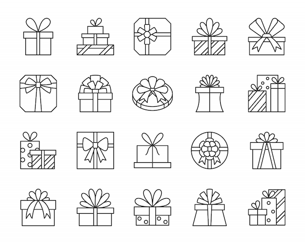 Cajas de regalo, presente, conjunto de iconos de línea de paquetería, para cumpleaños, navidad, diseño de vacaciones.