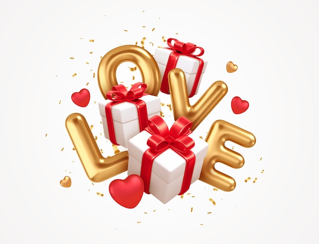 Vector cajas de regalo de san valentín 3d con lazos rojos. palabra de oro love 3d realista en las cajas de regalo de fondo aisladas en fondo blanco. ilustración vectorial eps10