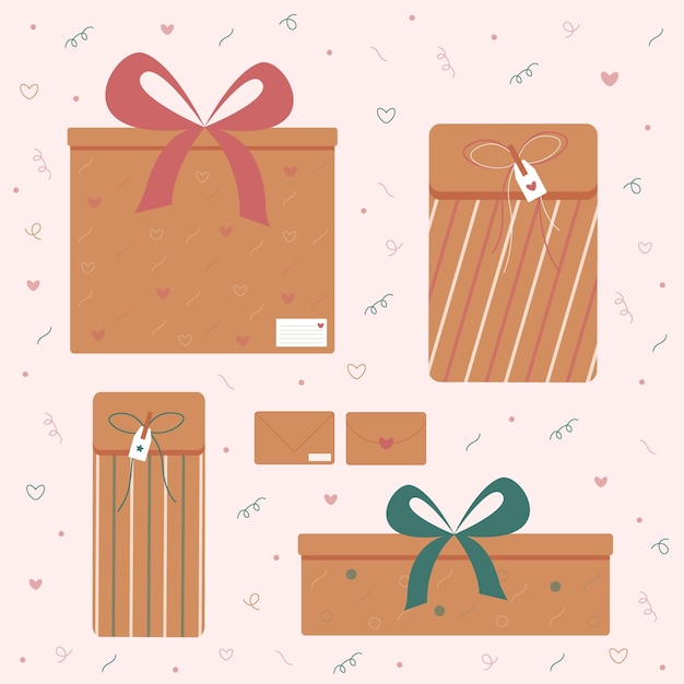Cajas de regalo set colección cajas de regalo marrones modernas paquetes sobres con estampados y cintas