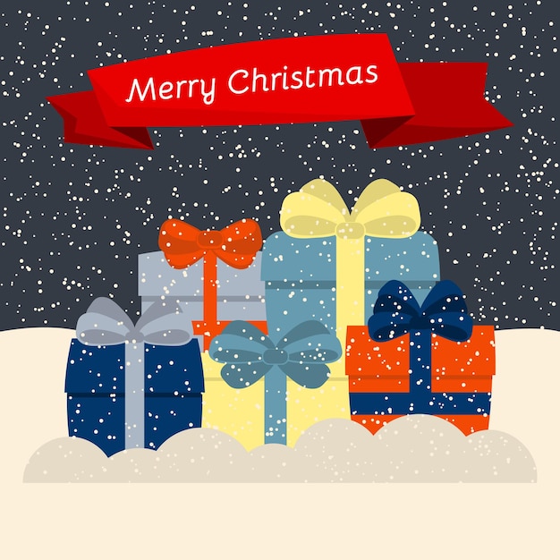 Cajas de regalo sobre la nieve y la nieve que cae y una cinta roja con la inscripción Feliz Navidad. Ilustración vectorial.