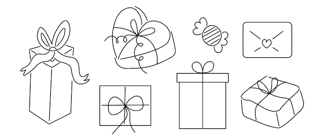cajas de regalos con arco de cinta en línea estilo doodle