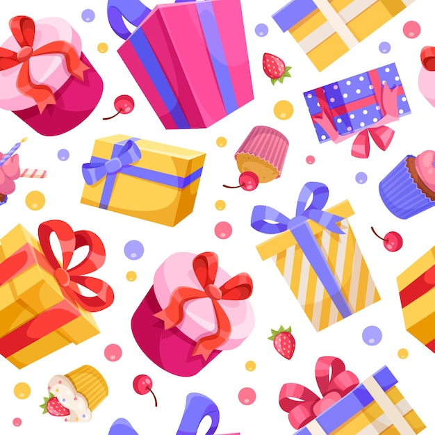 Cajas de regalos coloridas y dulces patrón sin costuras en ilustración vectorial de fondo blanco