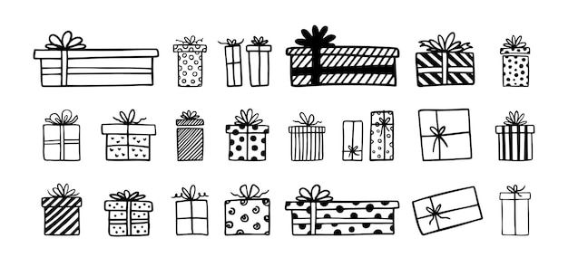 Cajas de regalos dibujadas a mano con un contorno de dibujos dibujados a mano con una ilustración vectorial de la caja de regalos