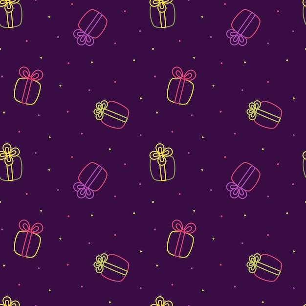 Cajas de regalos de dibujos animados de neón en un patrón sin costuras Regalos coloridos Vector de caricaturas Ilustración vectorial aislada eps 10