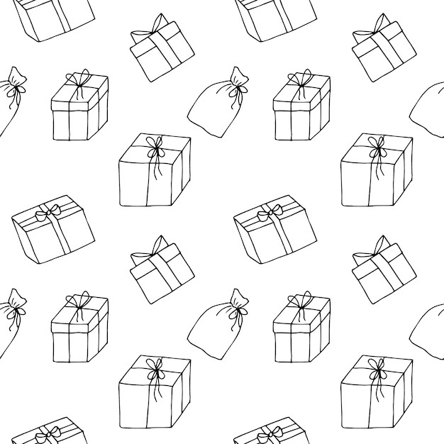 Cajas de regalos con dibujos vectoriales sin costuras, ilustraciones dibujadas a mano