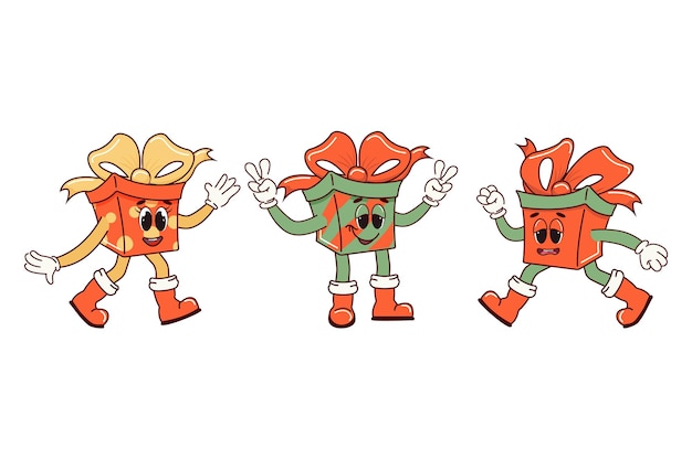 Cajas de regalos divertidas personaje retro en dibujos animados de moda estilo groovy
