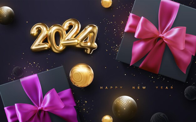 Cajas de regalos negras con arco y cinta rosado y púrpura con brillos dorados bolas brillantes y números dorados 2024 en fondo negro Feliz año nuevo 2024 Ilustración de vacaciones vectorial