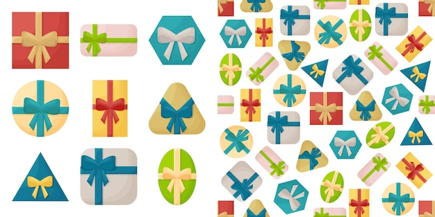 Las cajas de regalos presentan un conjunto de iconos vectoriales sin costuras de papel envuelto colorido textil Venta de compras