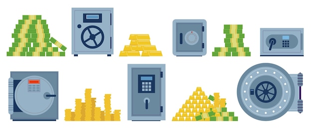 Cajas de seguridad metálicas con dinero Valores en cajas fuertes Seguridad en efectivo Bóveda bancaria paquetes de billetes de banco y barras de oro pilas cerraduras protegidas con contraseñas Contenedores de almacenamiento financiero conjunto vectorial