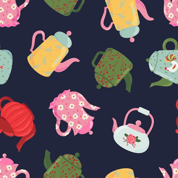 Cajas de té patrones sin costura vectoriales herramientas de cocina decorativas cerámicas bebidas cristalería textura