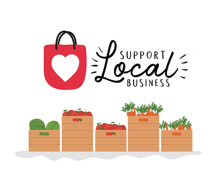 Vector cajas de verduras con soporte de diseño de negocios locales de compra minorista y tema de mercado