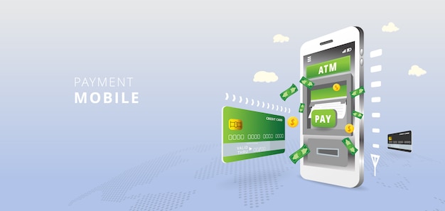 Cajero automático en la pantalla del teléfono inteligente. Banca móvil y concepto de pago en línea en el fondo del mapa mundial. ilustración