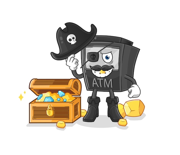 Cajero automático pirata con tesoro mascota vector de dibujos animados