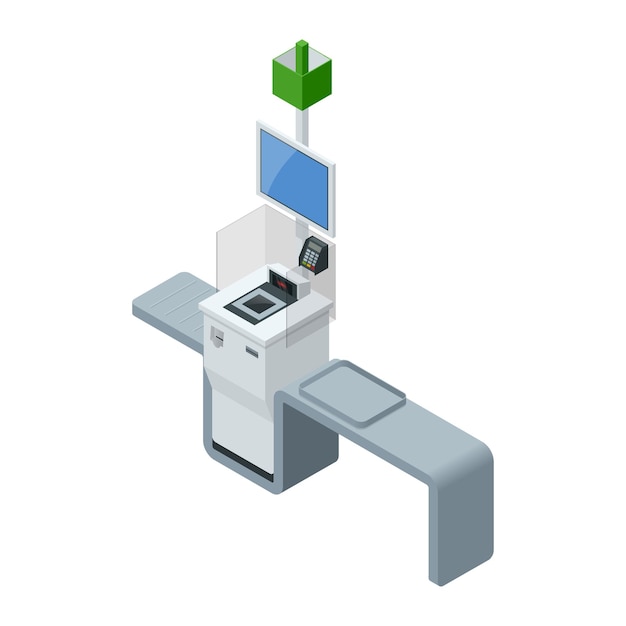 Cajero de autoservicio isométrico o punto terminal con caja de autoservicio en el supermercado