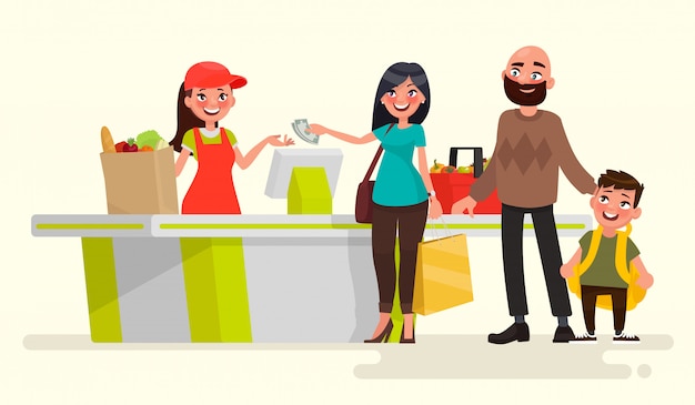 Cajero de tienda de supermercado en la caja registradora y compradores. Ilustración vectorial en estilo de dibujos animados