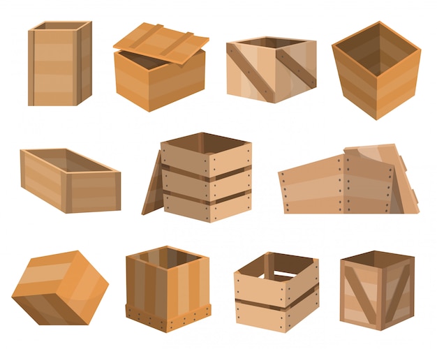 Cajones de madera. Paquete de cajas. Cajones vacíos de madera y cajas empaquetadas o cajas de embalaje. Contenedores para entrega o set de envío. Ilustración aislada sobre fondo blanco