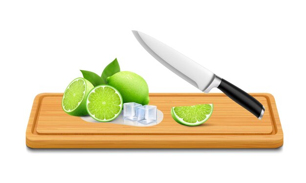 La cal entera y cortada en rodajas en una tabla de corte rectangular aislada sobre un fondo blanco.