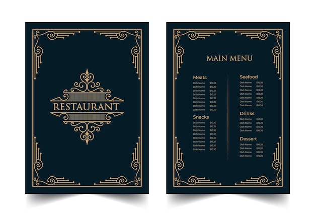Cala de plantilla de tarjeta de menú de comida de restaurante Vintage de lujo con logotipo para cafetería bar cafetería del hotel