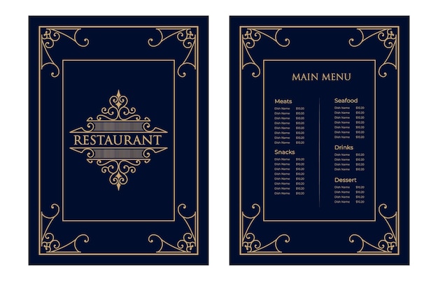 Cala de plantilla de tarjeta de menú de comida de restaurante Vintage de lujo con logotipo para cafetería bar cafetería del hotel