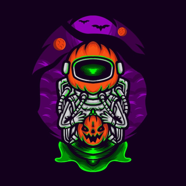Calabaza astronauta sosteniendo una calabaza halloween