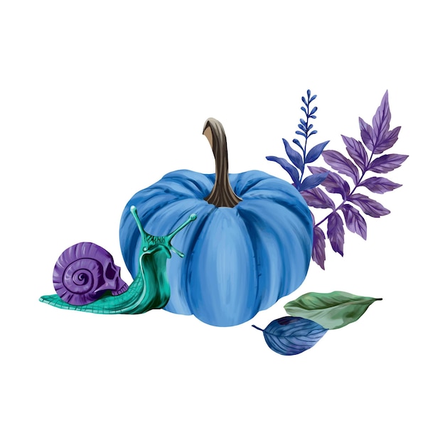 Vector calabaza, caracol y hojas. ilustración vectorial para esotérico y halloween. elemento de diseño para tarjetas de felicitación, pancartas de vacaciones, volantes, portadas.