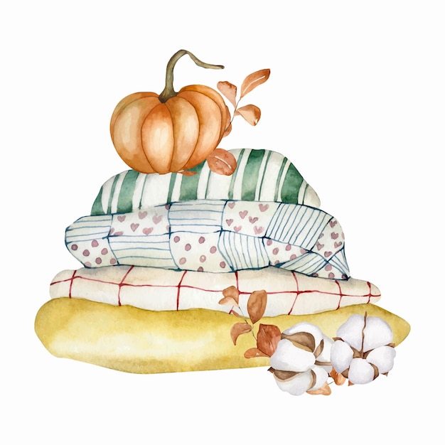 Calabaza y cuadros de otoño acuarela