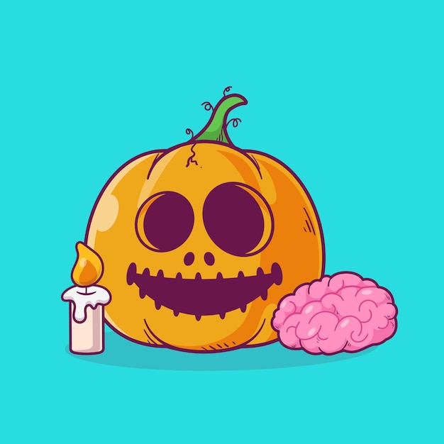 Calabaza dibujada a mano de halloween con ilustración de cerebro y vela