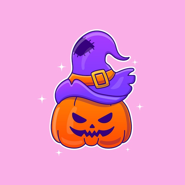 Calabaza de dibujos animados lindo con ilustración de vector de sombrero de bruja. Vector de caracteres aislados. caricatura plana