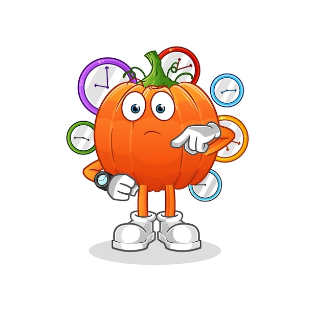 Calabaza con dibujos animados de reloj de pulsera. vector de mascota de dibujos animados