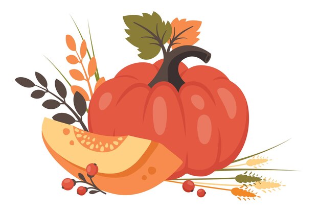Calabaza entera y mitad con hojas de otoño, trigo, bayas. Verdura madura de cosecha. Comida sana. Ilustración vectorial para diseño otoñal, buena nutrición, cosecha agrícola, Acción de Gracias