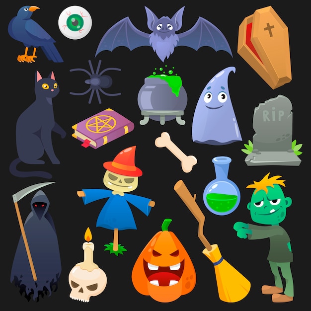 Calabaza espeluznante de Halloween aterrador gato fantasma o horror zombie ilustración conjunto de dibujos animados araña cráneo y murciélago aislado sobre fondo negro