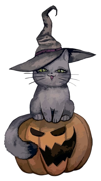 Vector calabaza y gato negro en ilustración de sombrero de bruja