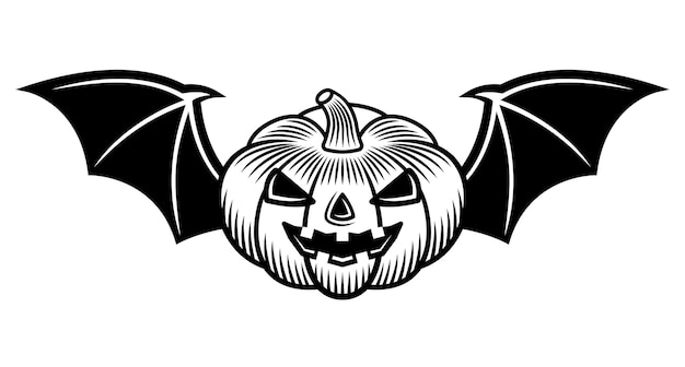 Calabaza de Halloween con alas de murciélago ilustración vectorial en estilo de tatuaje monocromo aislado sobre fondo blanco