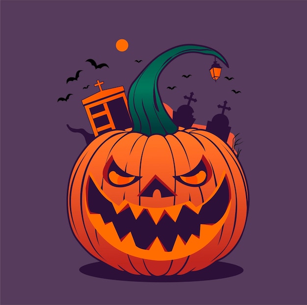Calabaza de Halloween en el arte vectorial del cementerio