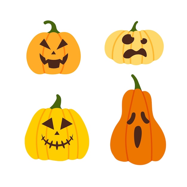 Calabaza de Halloween aterradora y divertida con caras y muecas. Calabazas dibujadas a mano. ilustración vectorial