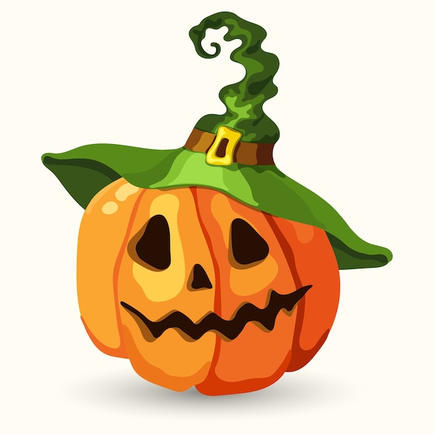 Calabaza de Halloween de estilo de dibujos animados con sombrero de bruja verde. Cara de miedo aislado