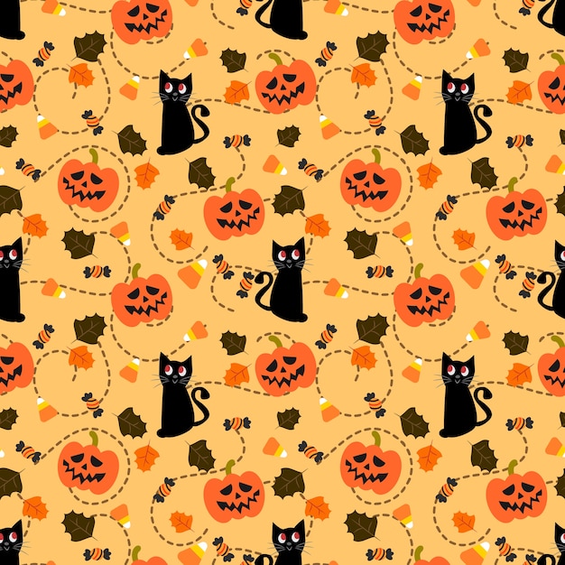 Calabaza de Halloween y gato negro de patrones sin fisuras