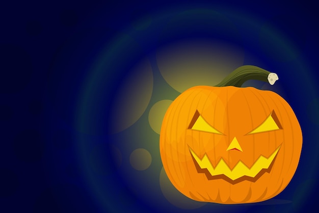 Calabaza de Halloween en una ilustración de vector de fondo azul oscuro y negro